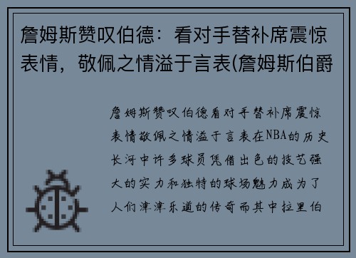 詹姆斯赞叹伯德：看对手替补席震惊表情，敬佩之情溢于言表(詹姆斯伯爵)