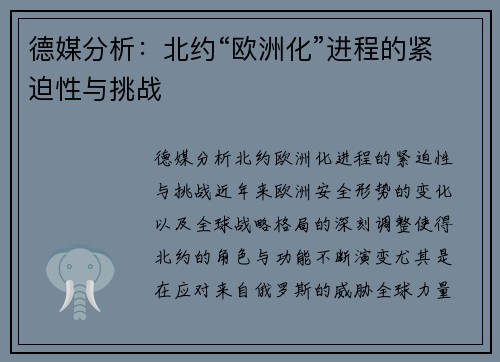 德媒分析：北约“欧洲化”进程的紧迫性与挑战