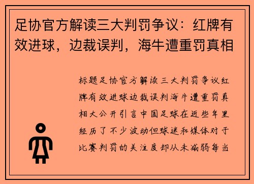 足协官方解读三大判罚争议：红牌有效进球，边裁误判，海牛遭重罚真相大公开