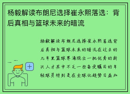 杨毅解读布朗尼选择崔永熙落选：背后真相与篮球未来的暗流