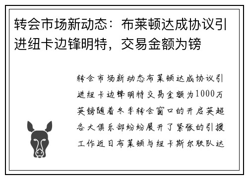 转会市场新动态：布莱顿达成协议引进纽卡边锋明特，交易金额为镑