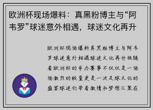 欧洲杯现场爆料：真黑粉博主与“阿韦罗”球迷意外相遇，球迷文化再升级